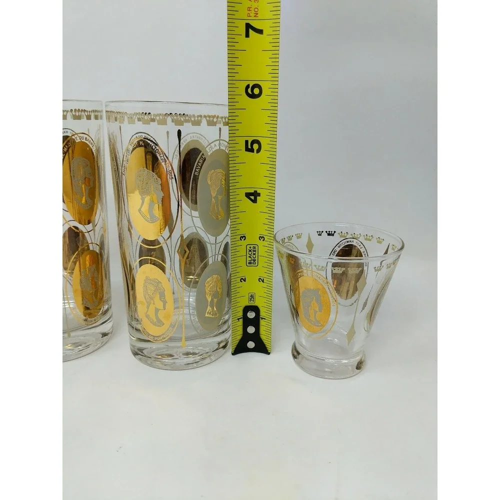 Gold Queen Women Portrait Highball Mid Century MCM Cosmopolitan Bar‎ Glasses VTG